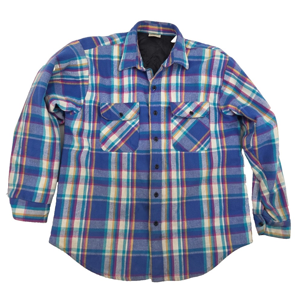 VTG 90s Five Brothers Lined Flannel Shirt Jacket Plaid USA Made Blue Large